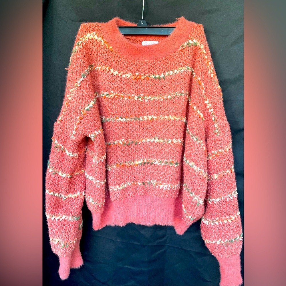 Pink Lily- coral multi colored crop sweater. Size Large